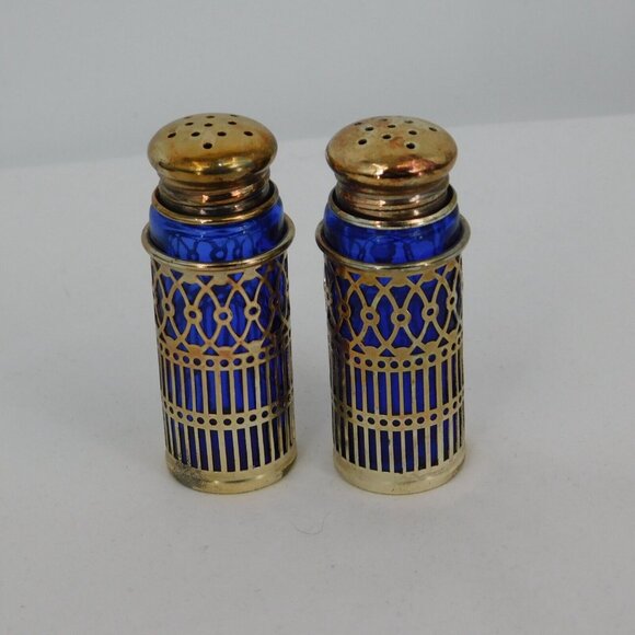Eales 1779 Cobalt Blue Silverplate 6 Piece Salt Pepper Cellar Shaker Set Vintage - Picture 3 of 14